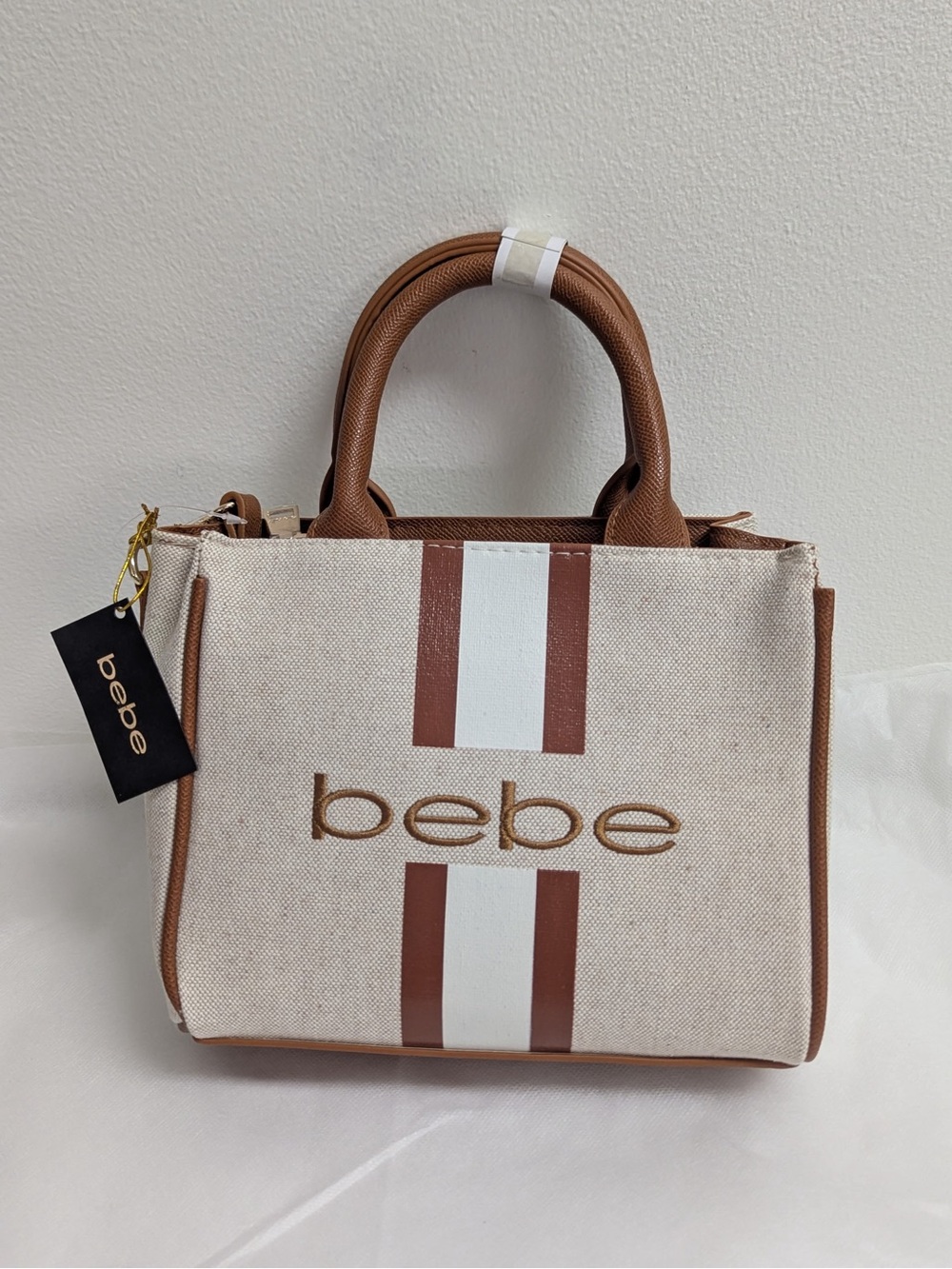 bebe Cream & Tan Canvas Tote with Stripe Detail